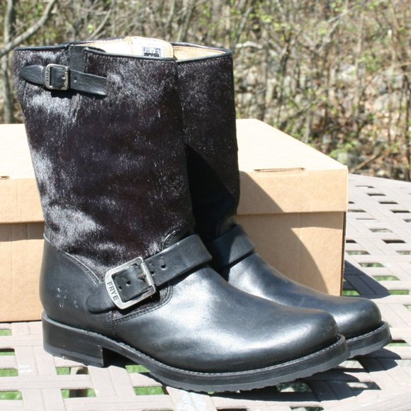 Frye Black Leather Moto Boots with Buckles - Picture 4 of 7